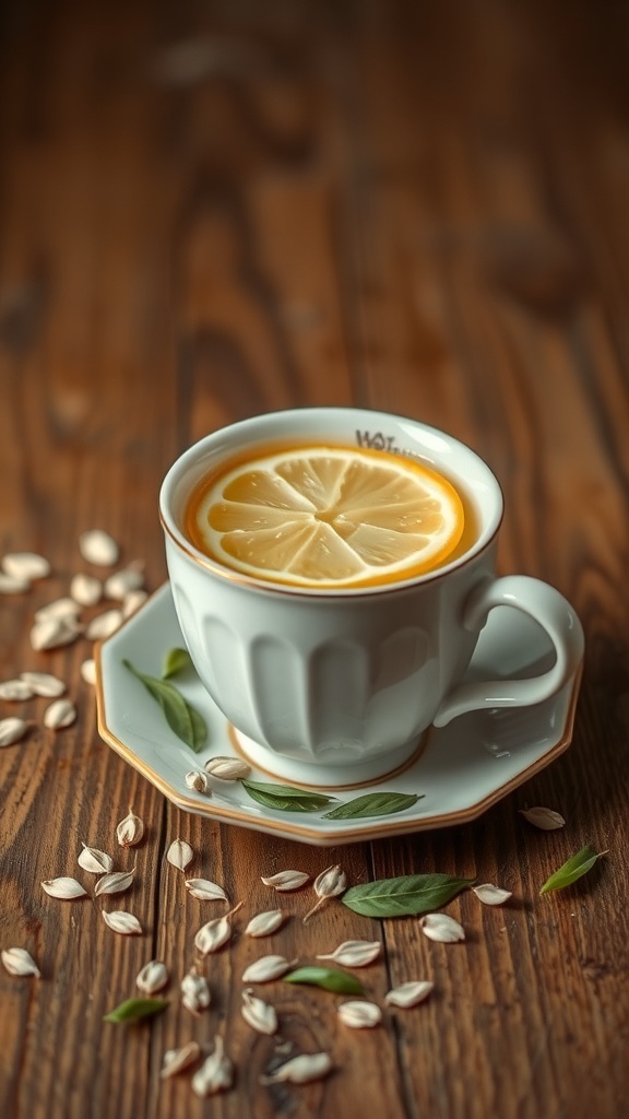 Oat Leaf Tea Recipe A cup of oat leaf tea with fresh oat leaves and a slice of lemon on a wooden table.